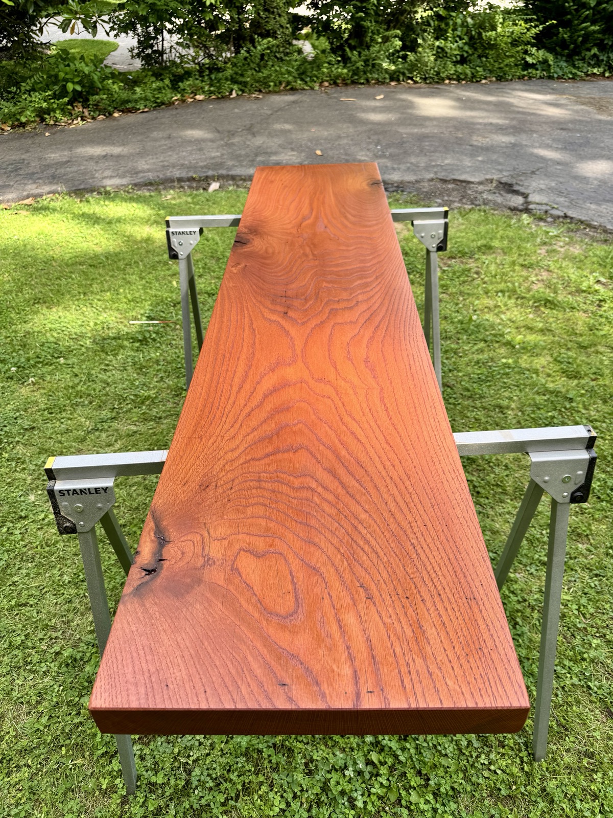 the finished slab on sawhorses, top face up