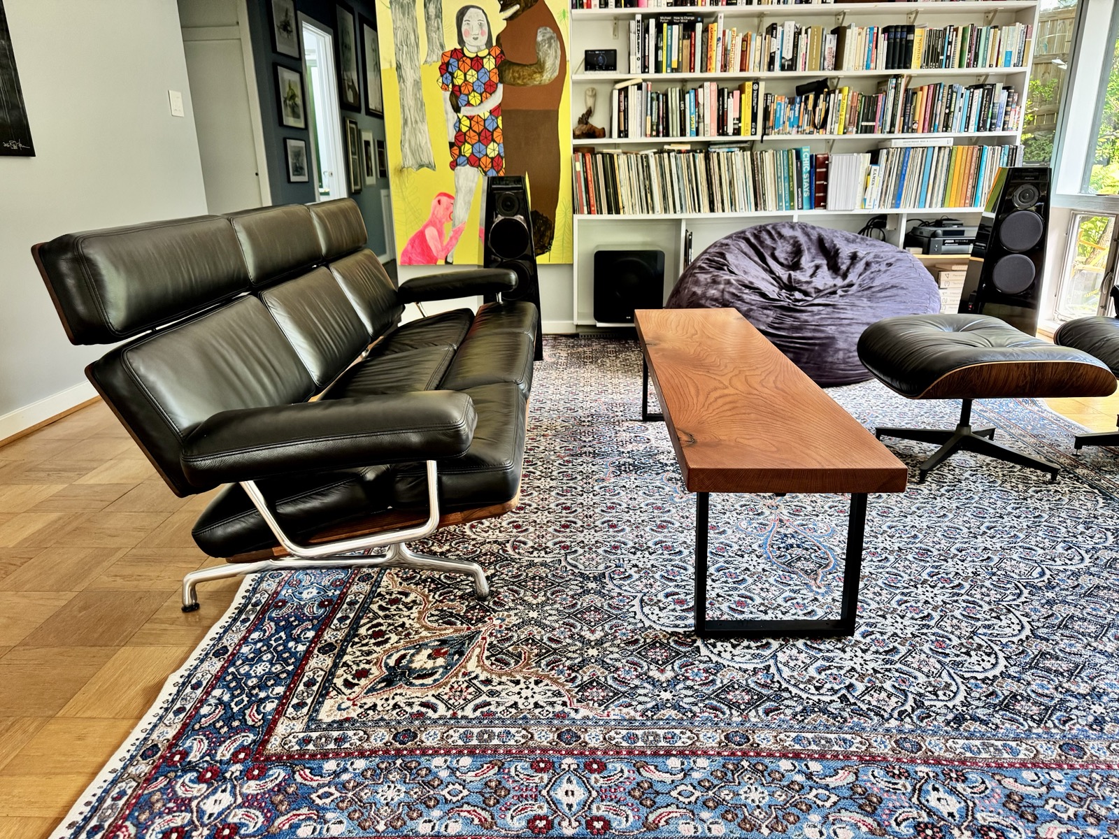 the finished bench in place in the living room