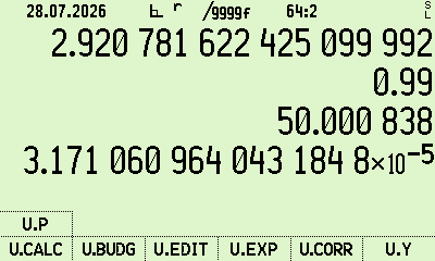 the stack after U.CALC, showing y and its uncertainty, with the UNCT menu below