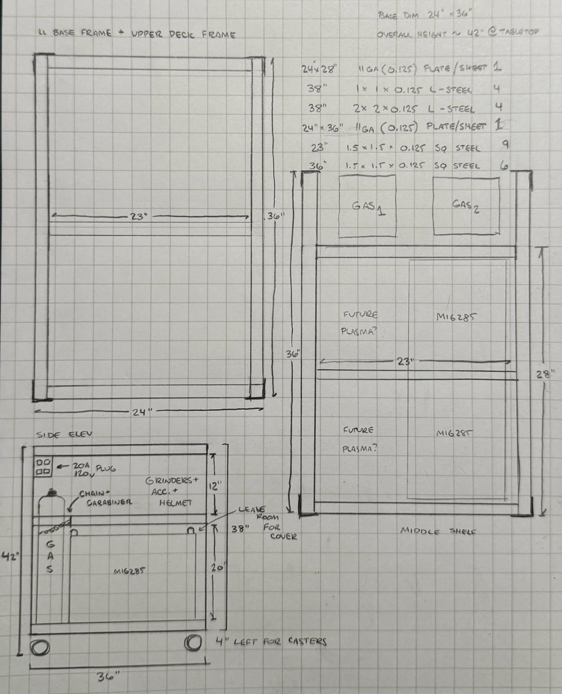 a pencil drawing of the first draft of a cart concept for welding supplies and a multiprocess welder and up to two gas cylinders