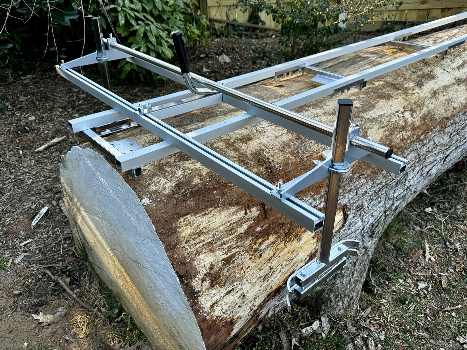 The sawmill frame set up for the first cut