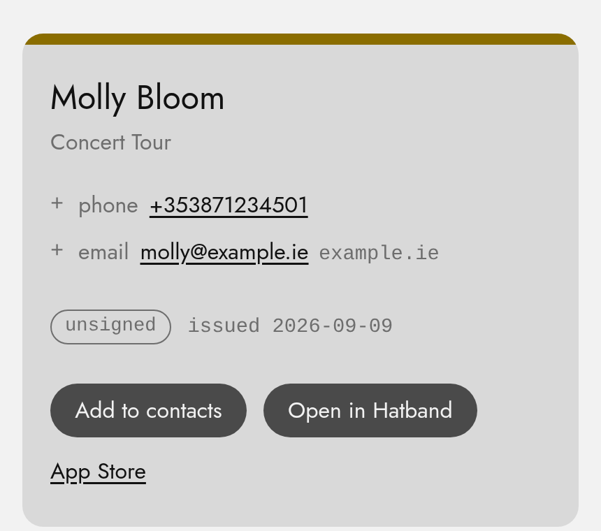 hatband.link showing a scanned card for Molly Bloom