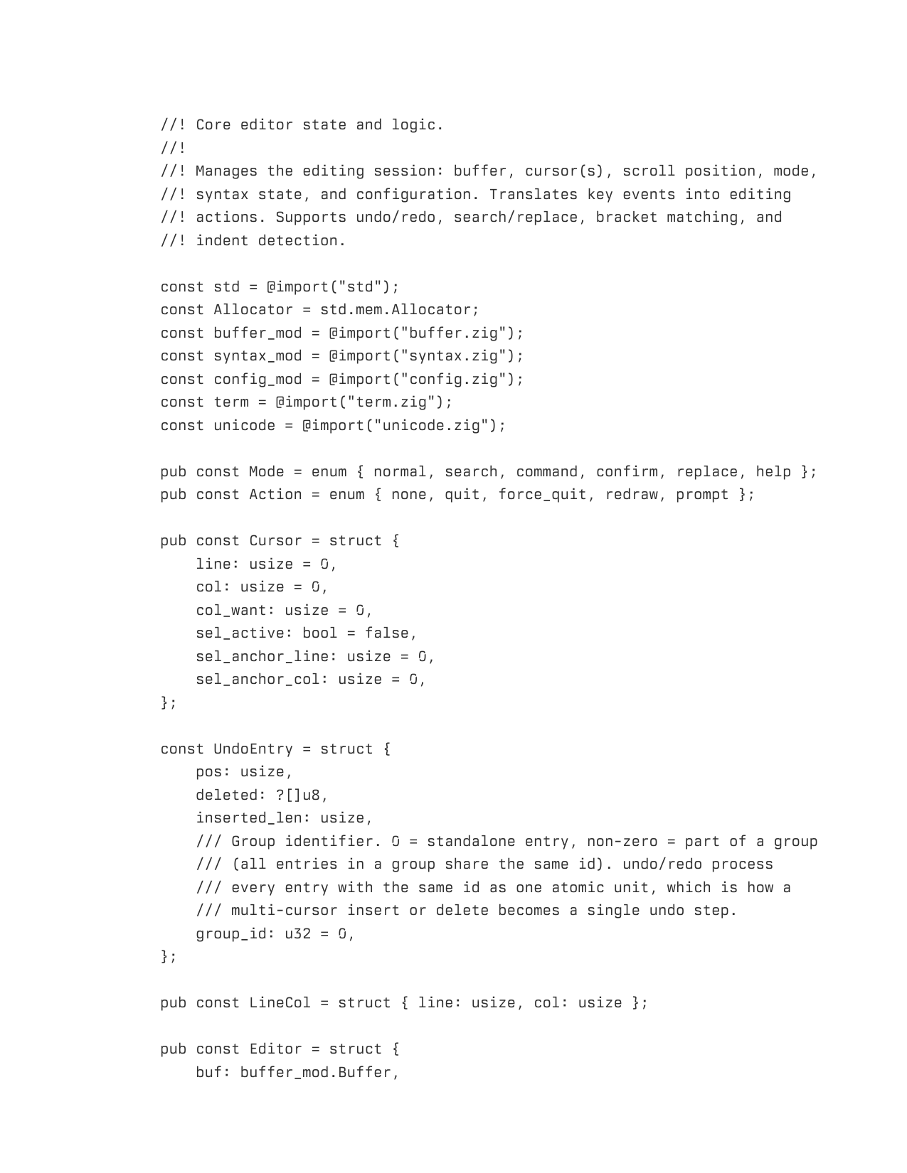 printed pdf export of editor.zig in berkeley mono