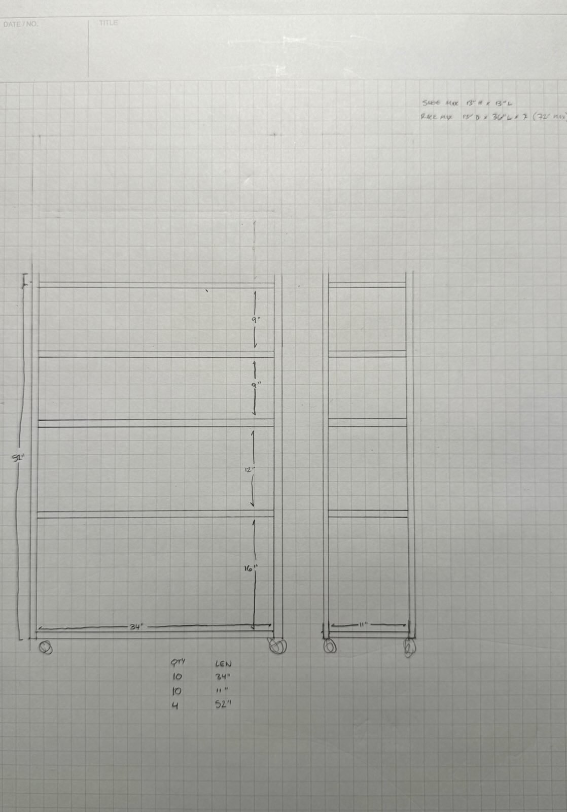 A sketch and cutlist for the shoe rack.